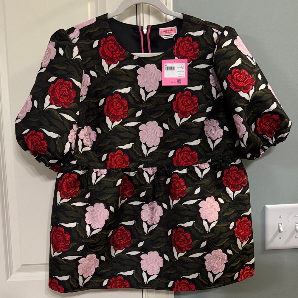 Kate Spade Black Floral Blouse with Red and Pink Accents